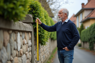 Homme mesurant un mur en pierre dans un quartier résidentiel