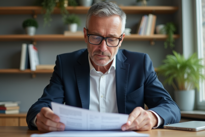 Homme d'âge moyen organisant des factures à domicile