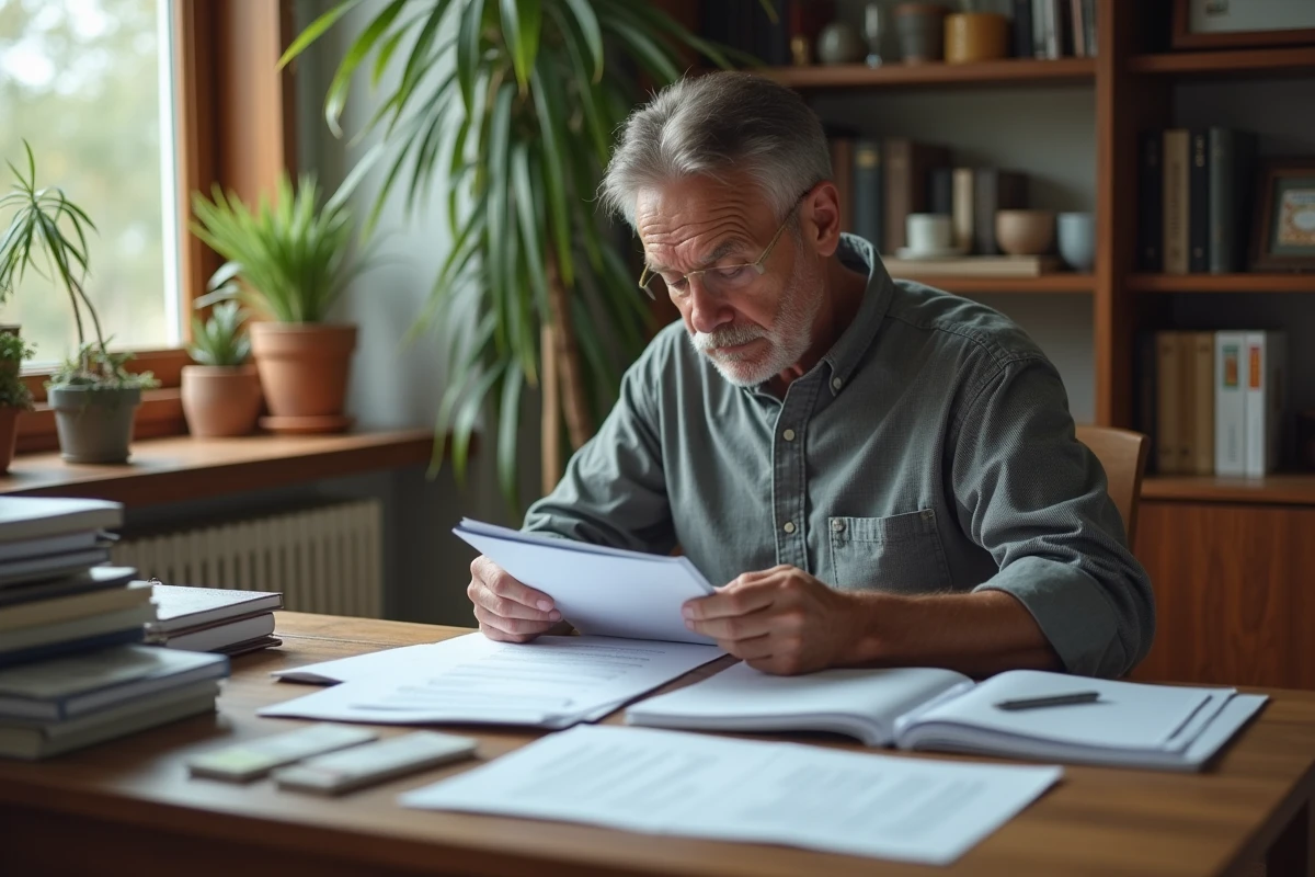 Homme organisé à la maison avec documents officiels sur la table