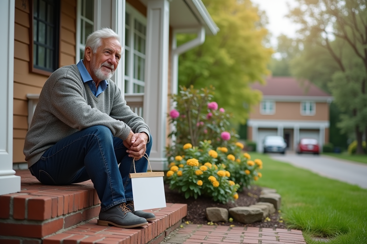 Homme âgé assis sur le pas de la maison avec panneau à vendre