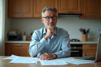 Homme d'âge moyen examine des documents dans une cuisine