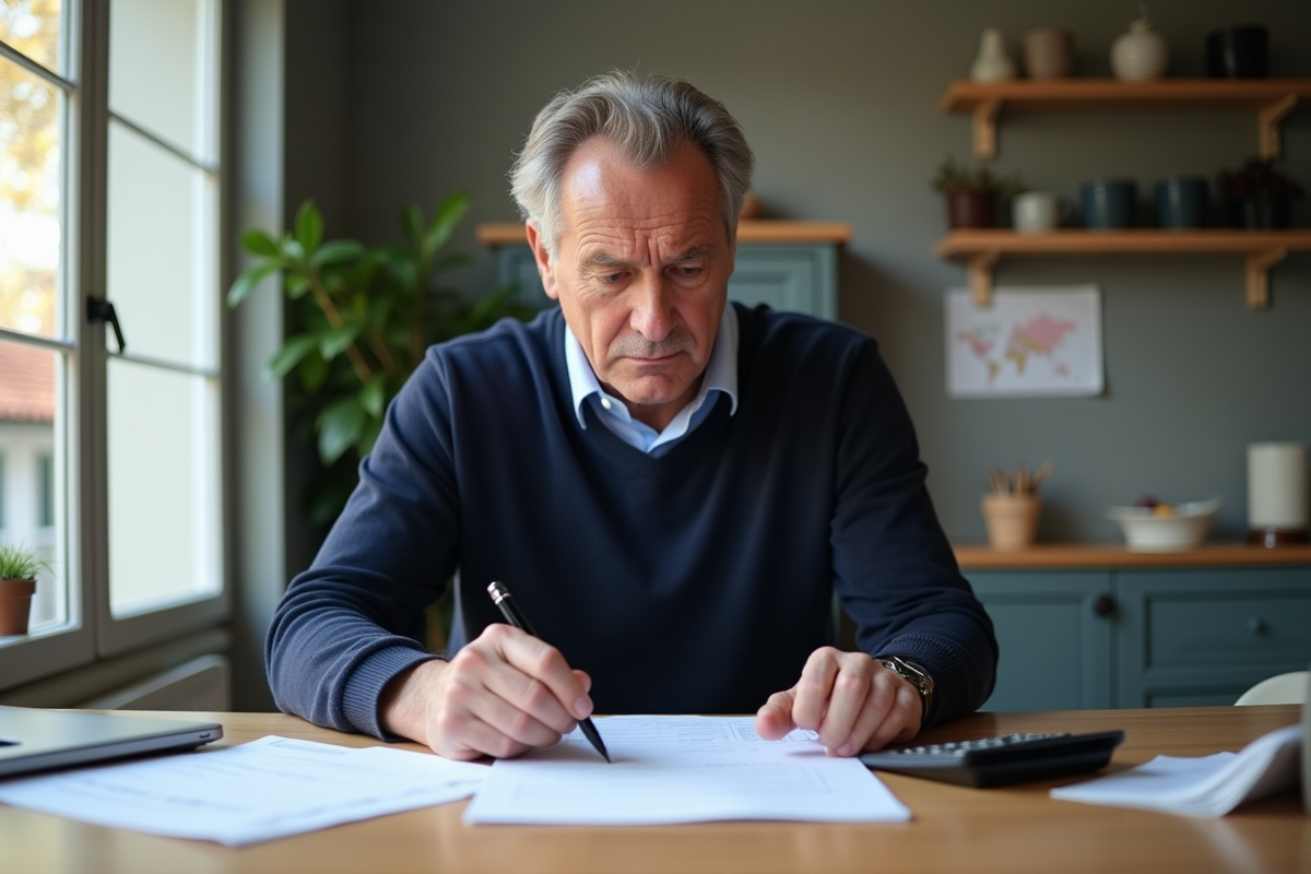 Homme d'âge moyen examinant des documents fiscaux à la maison