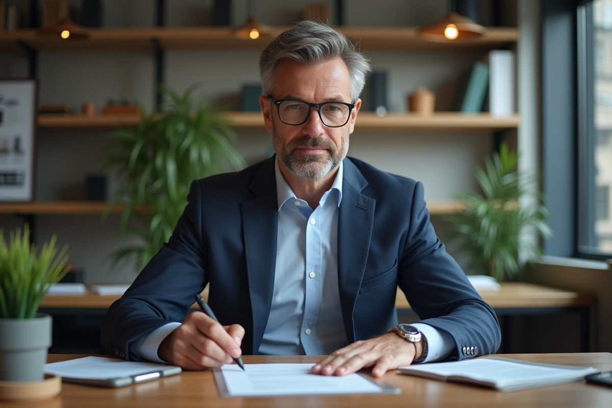 Homme en costume signant un document dans un bureau immobilier