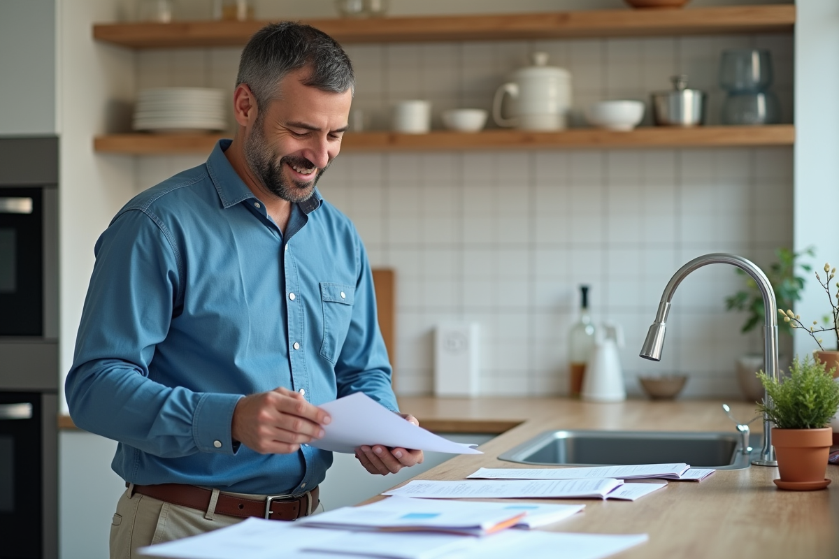 Homme organisant des papiers dans une cuisine lumineuse