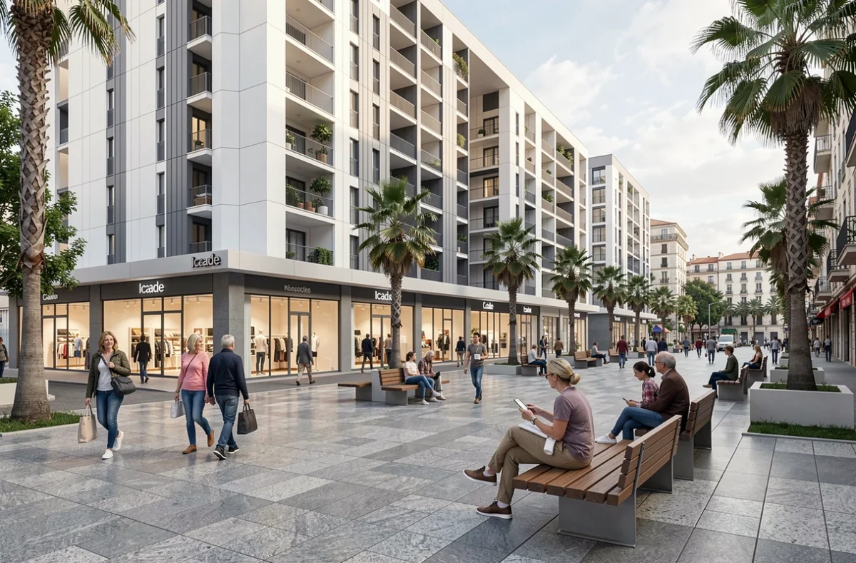 Programme immobilier mixte Icade à Marseille combinant commerces en rez-de-chaussée et logements avec esplanade piétonne