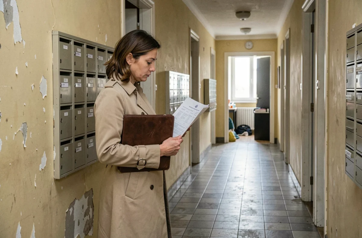 Femme examinant un bail locatif dans le couloir d'un immeuble occupé avant une transaction immobilière