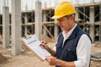 Ingénieur BTP consultant l'indice BT47 sur un chantier de construction avec échafaudages en arrière-plan