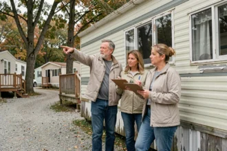 Couple inspectant l'extérieur d'un mobil-home d'occasion dans un camping ouvert à l'année avant achat