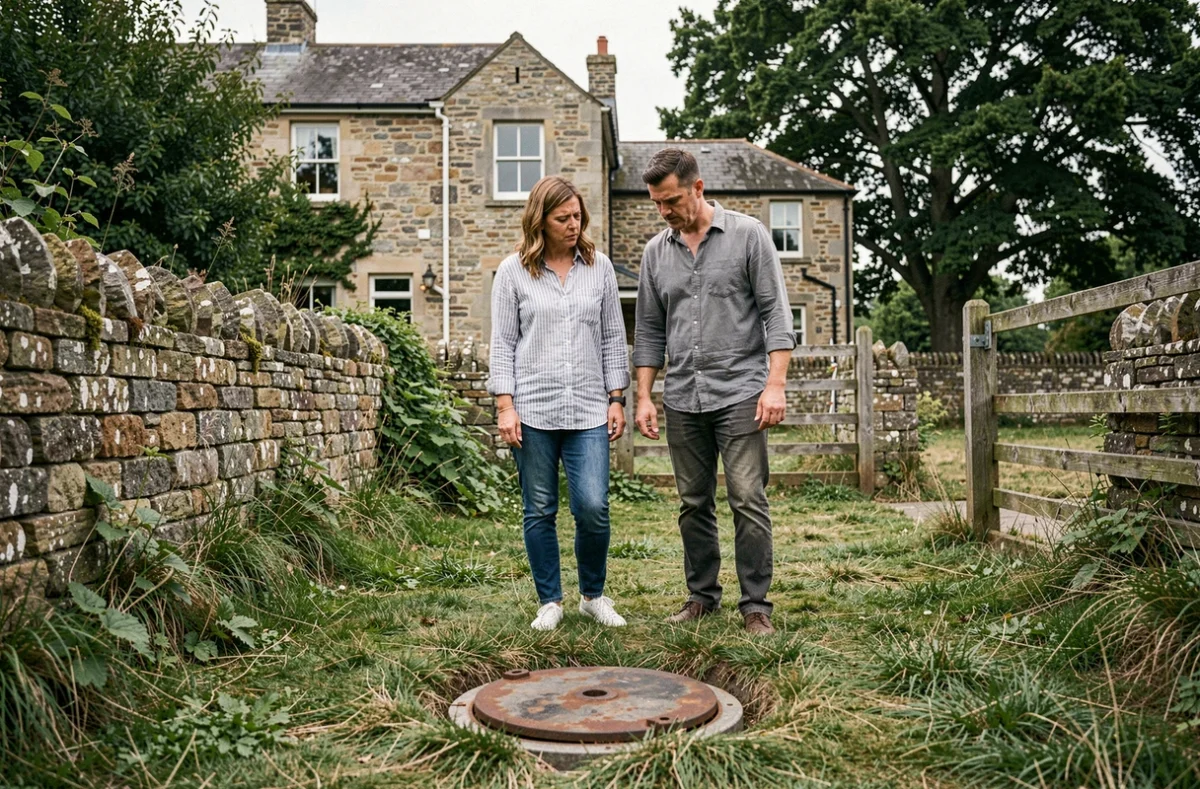 Couple inspectant une fosse septique non conforme dans le jardin d'une maison rurale avant achat