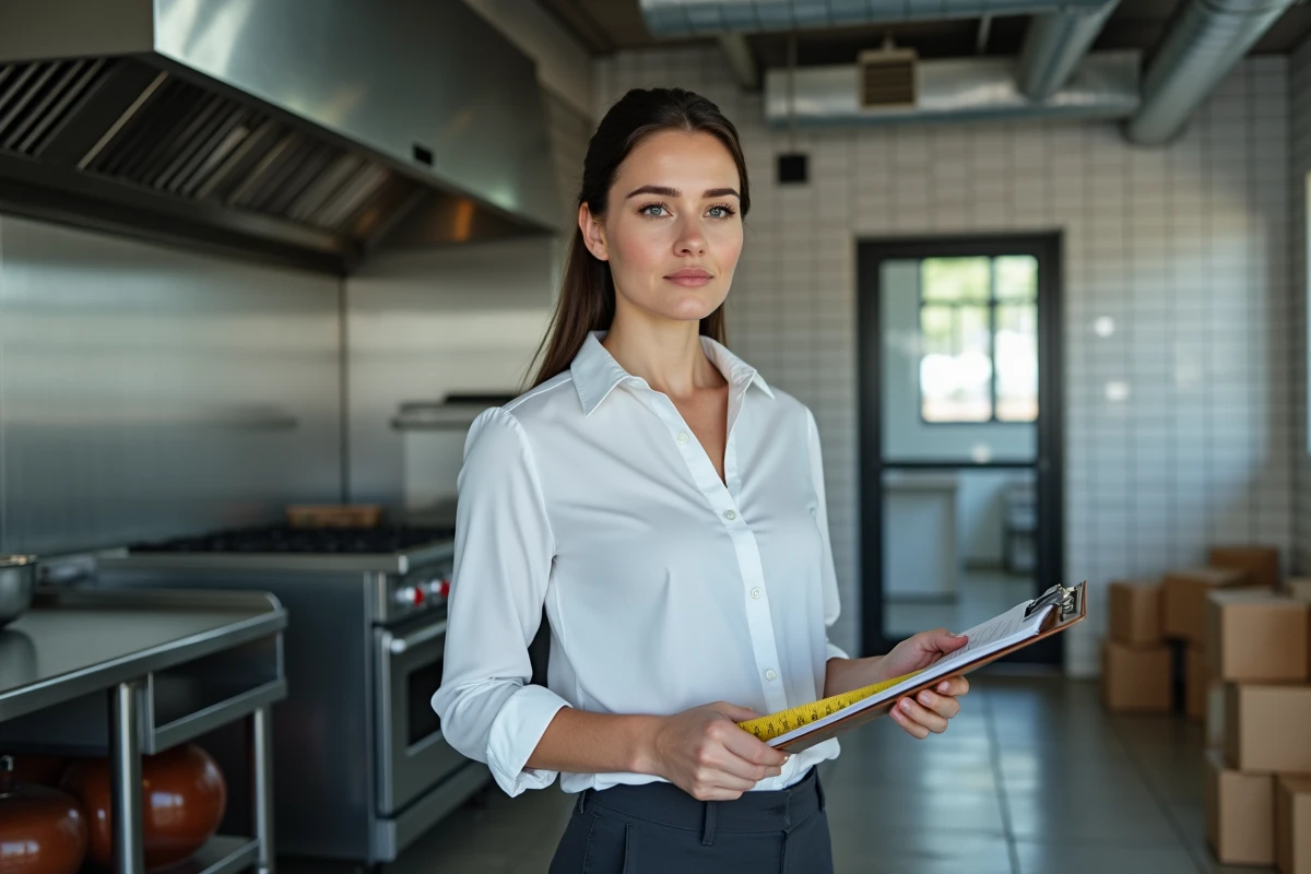 Inspectrice réalisant un diagnostic de local commercial dans une cuisine de restaurant avant cession de fonds de commerce