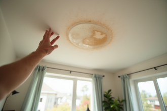 Propriétaire inspectant une tache d'eau au plafond du salon