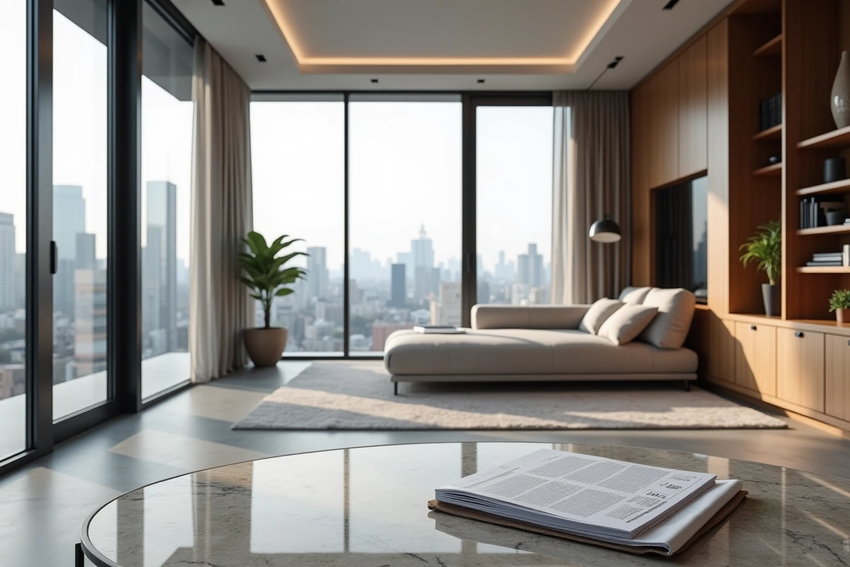 Intérieur luxueux d'un appartement de prestige avec documents d'estimation immobilière sur table en marbre