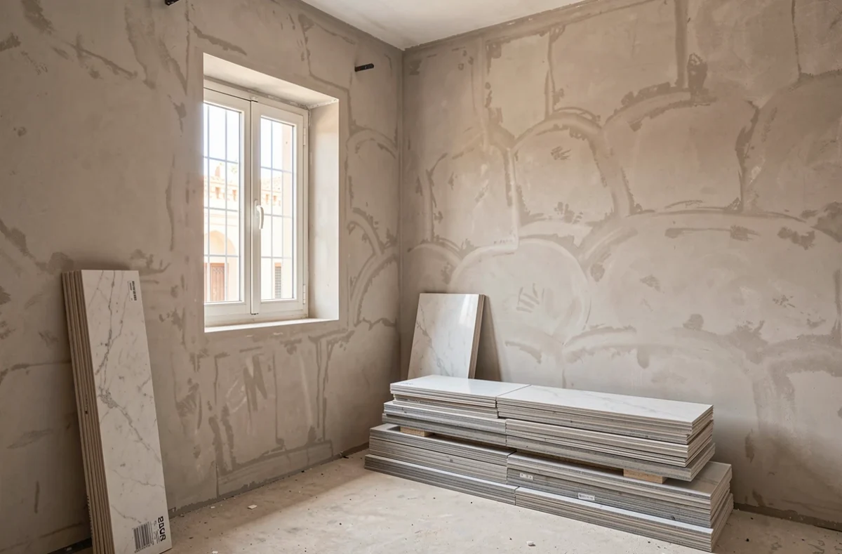 Intérieur de maison en cours de finition avec carrelage et enduits