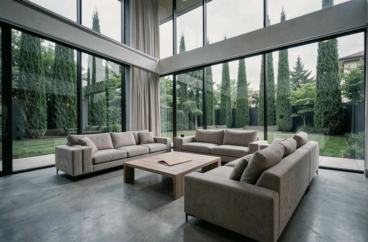 Intérieur d'une maison de prestige avec enveloppe d'estimation immobilière discrète sur la table basse