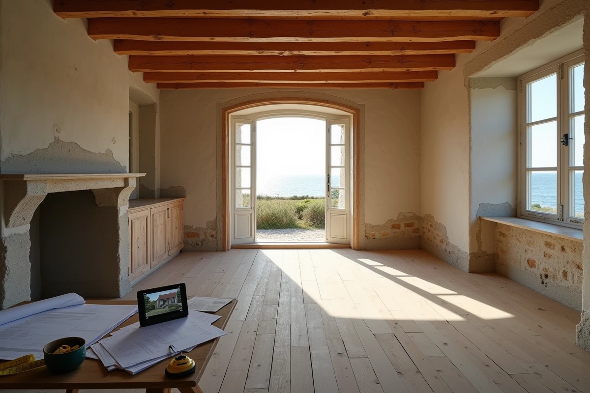 Intérieur d'une maison normande en bord de mer en rénovation avec vue sur la mer par une fenêtre à croisée