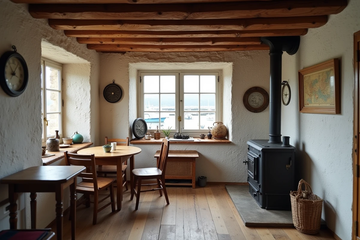 Intérieur d'une petite maison de pêcheur normande avec poutres apparentes et poêle en fonte