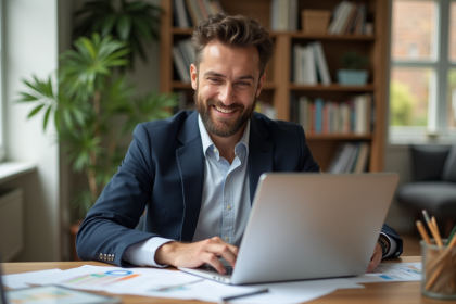 Homme d'affaires en blazer bleu dans un bureau lumineux