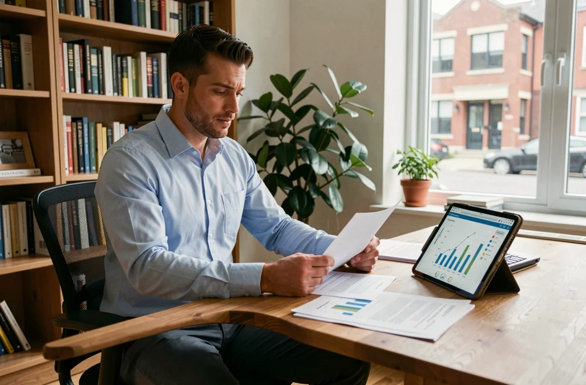 Investisseur locatif débutant analysant des documents immobiliers et un logiciel sur tablette dans un bureau à domicile