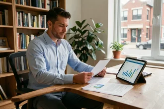 Investisseur locatif débutant analysant des documents immobiliers et un logiciel sur tablette dans un bureau à domicile