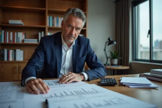 Investisseur immobilier analysant des documents financiers et des plans de biens à son bureau pour appliquer la méthode IDR