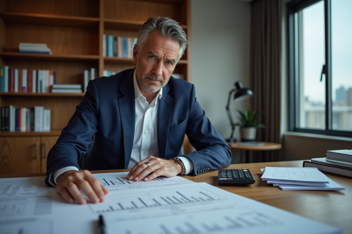 Investisseur immobilier analysant des documents financiers et des plans de biens à son bureau pour appliquer la méthode IDR