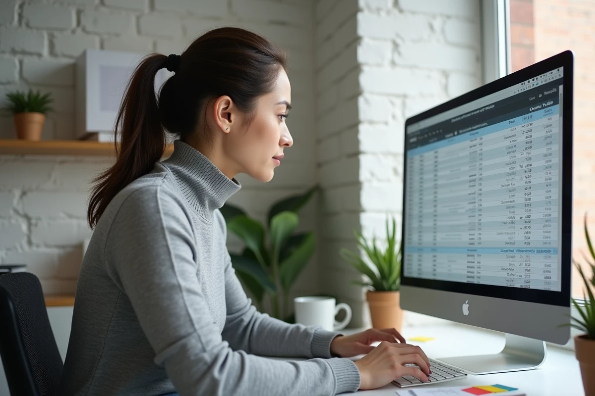 Investisseuse immobilière travaillant depuis son bureau à domicile sur un tableau de calcul de la méthode IDR