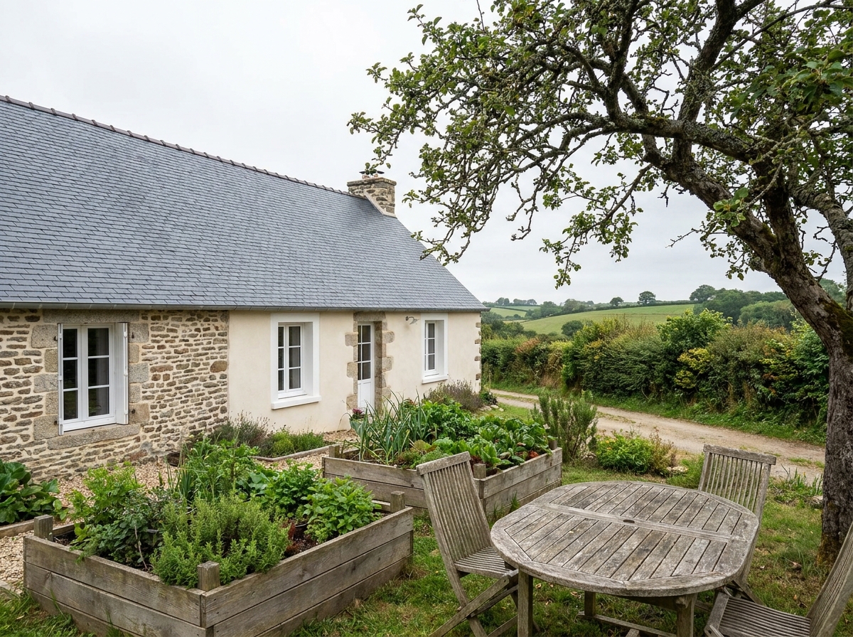 Jardin et façade arrière d'une longère bretonne rénovée dans une commune rurale d'Ille-et-Vilaine