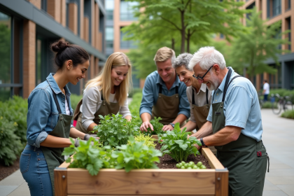 Groupe diversifié de personnes dans un jardin communautaire