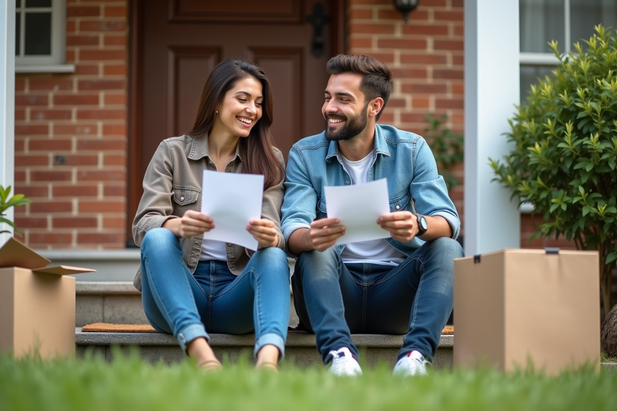 Jeune couple discutant de leur prêt immobilier devant leur maison