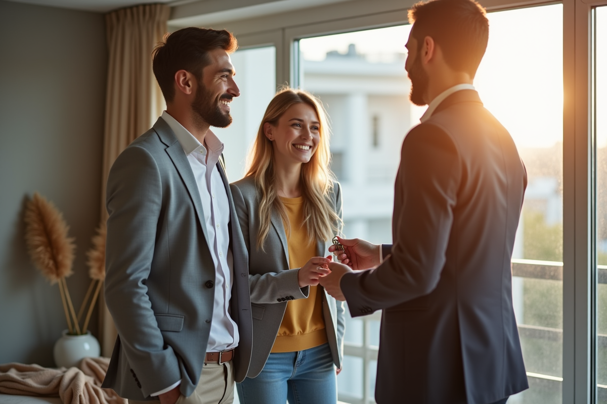 Jeune couple souriant remettant les clés d'un appartement moderne