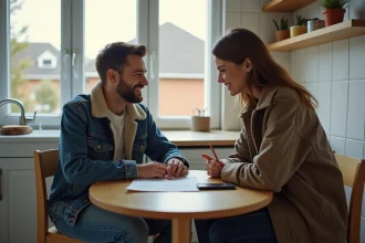 Jeune couple discutant d'un contrat de location dans une cuisine