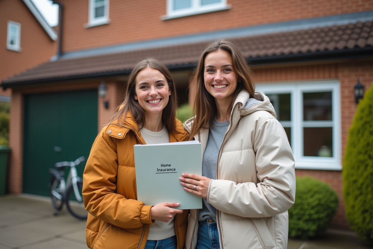 Jeune couple souriant devant leur maison avec dossier d