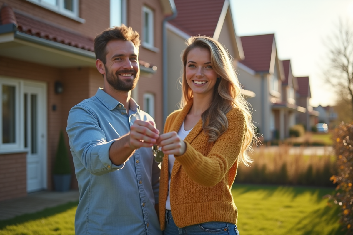 Jeune couple souriant devant leur maison en Belgique