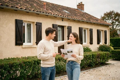 Jeune couple devant un pavillon français traditionnel tenant des documents immobiliers lors d'une première visite