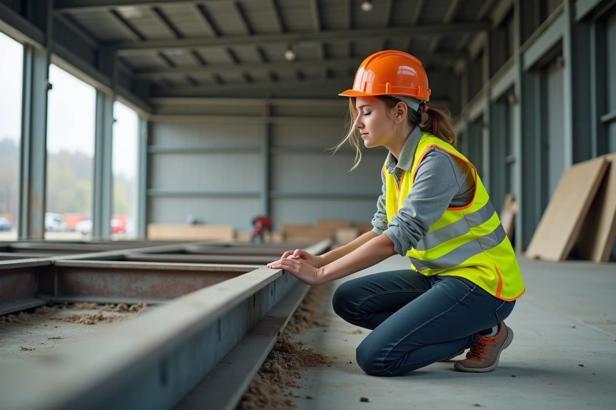 Jeune femme ing&eacute;nieure v&eacute;rifiant structure agricole