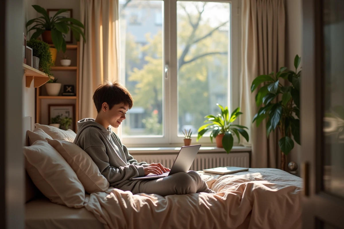 Jeune femme étudiant dans sa chambre lumineuse