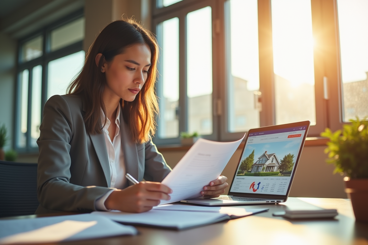 Jeune femme professionnelle dans un bureau lumineux analysant des documents immobiliers