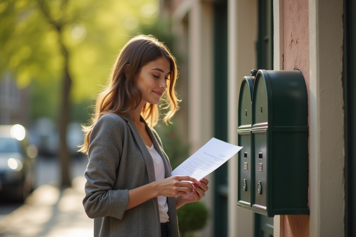 Jeune femme vérifiant courrier devant immeuble résidentiel