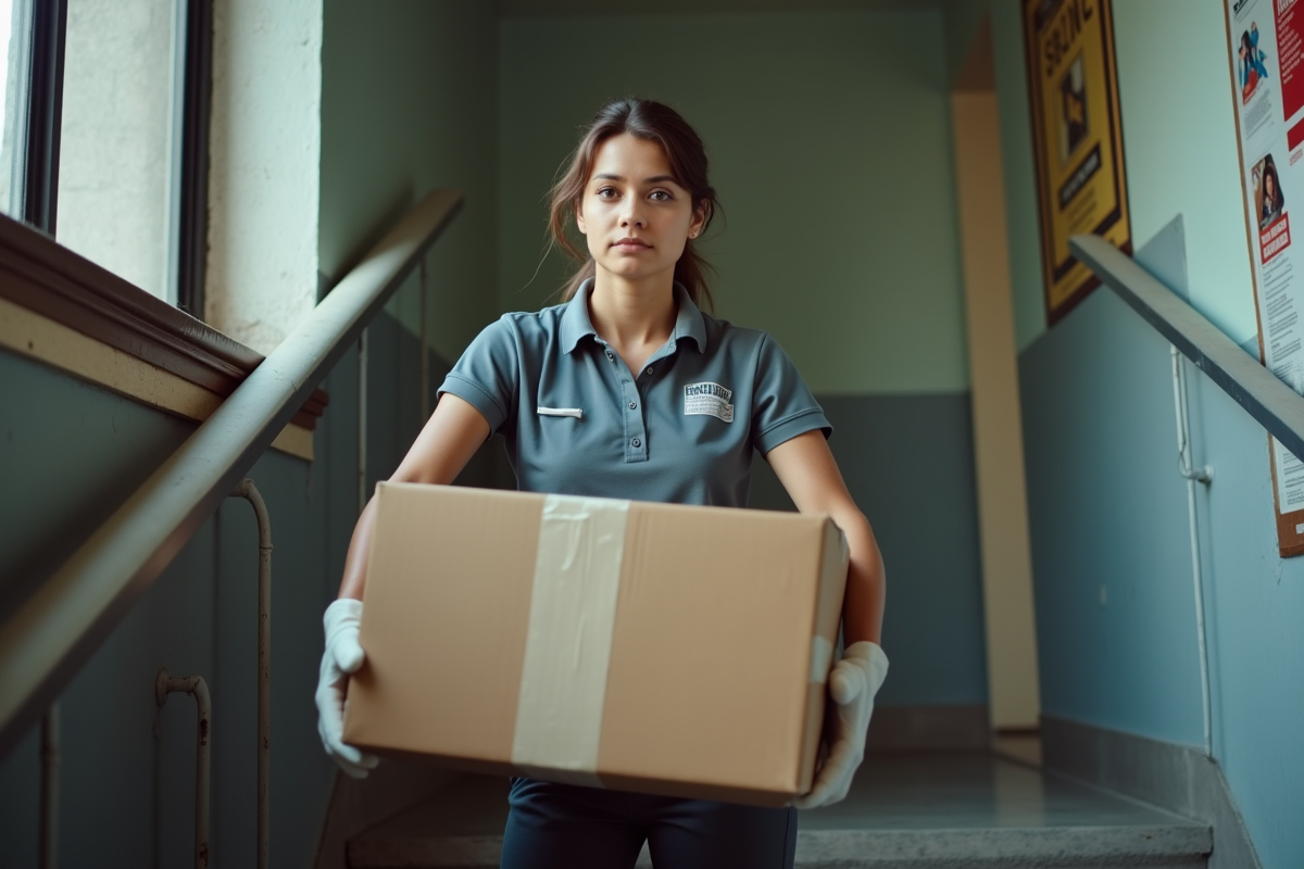 Jeune femme déménageuse portant une boîte dans un escalier