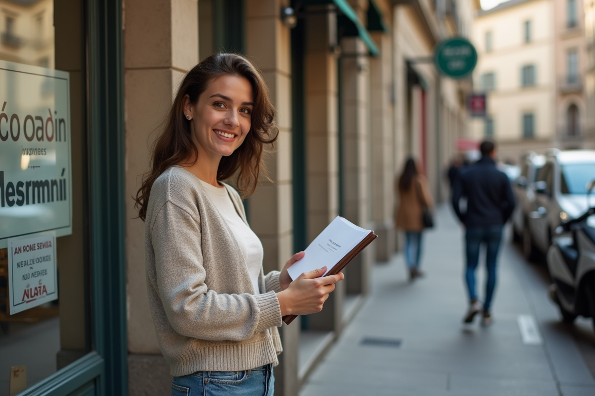 Jeune femme française souriante devant une agence d