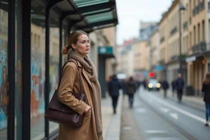 Jeune femme professionnelle &agrave; Metz avec trench et sac