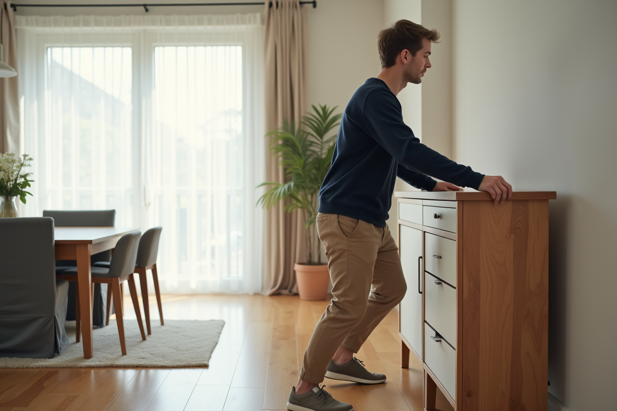 Jeune homme déplaçant une table basse dans la salle à manger