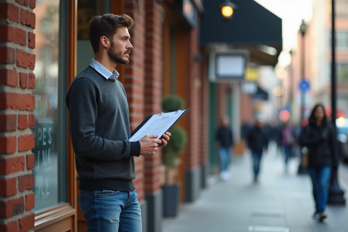 Jeune homme regardant une annonce immobiliere dans la vitrine