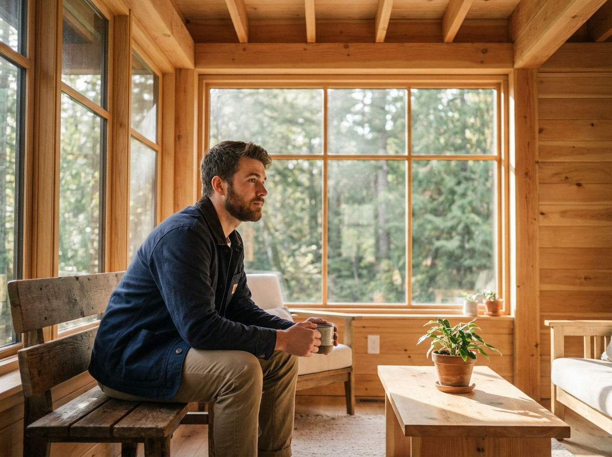 Jeune homme dans un salon lumineux avec vue sur la forêt