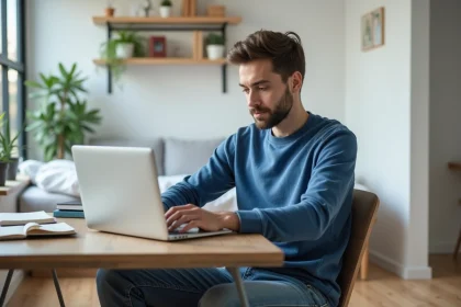 Jeune homme concentr&eacute; travaillant sur son ordinateur dans un studio