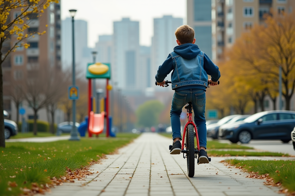 Adolescent à vélo dans un parc urbain