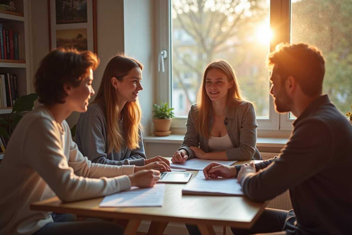 Trois jeunes adultes discutent de loyer dans un salon ensoleille