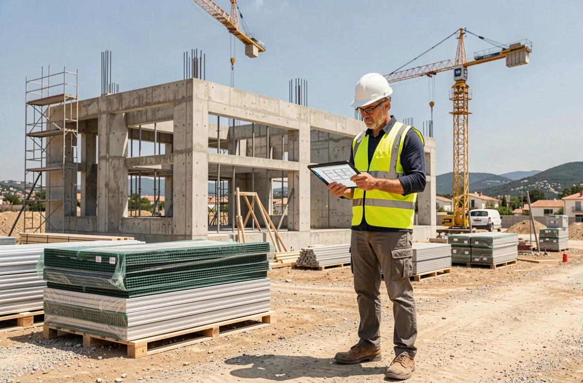 Ingénieur sur un chantier Kaufman and Broad près d'Aix-en-Provence consultant des plans sur tablette