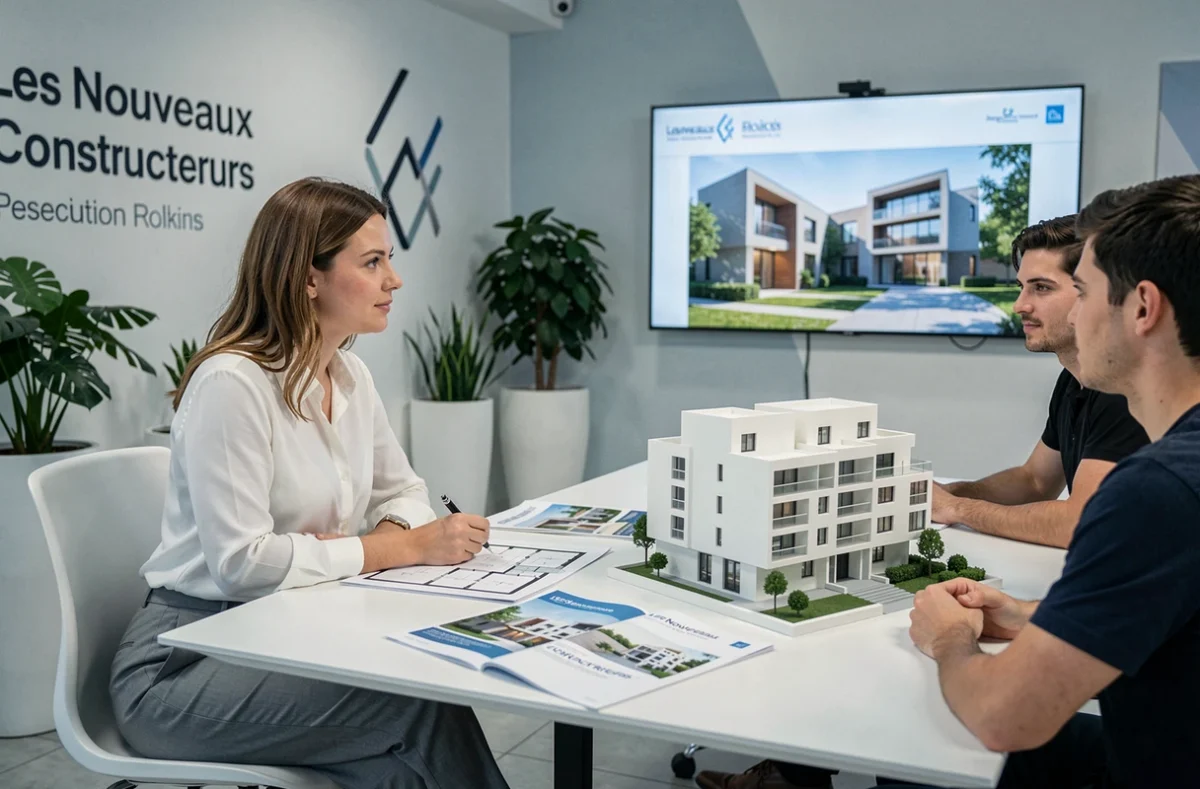 Conseillère commerciale Les Nouveaux Constructeurs présentant un programme immobilier à un couple dans un bureau de vente à Marseille