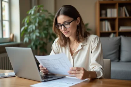 Propriétaire vérifiant une liste de mobilier pour location meublée sur papier et ordinateur portable dans un appartement équipé